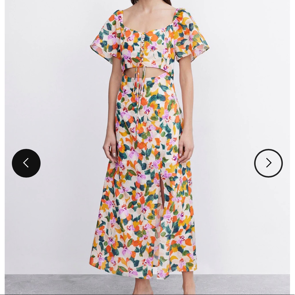 Floral cut out lace up front split hem dress